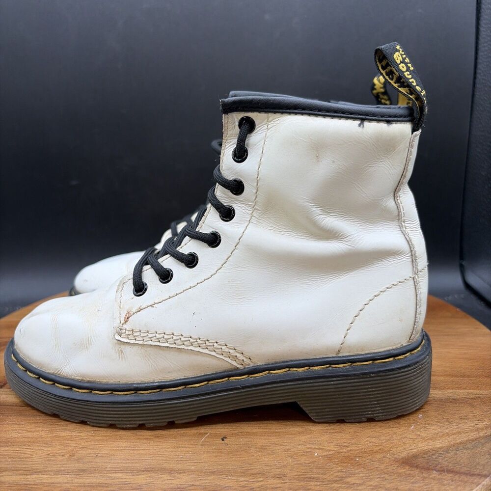 Dr Doc Martens 1460J Combat Boots Youth Size 1 US White Leather Lace Up Side Zip